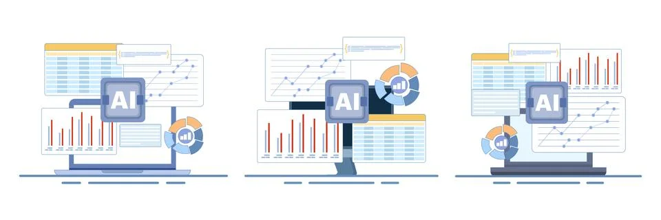 AI analytics set, smart data dashboards, automated charts. Stock Illustration