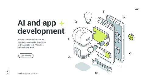 AI and app development isometric banner. Vector illustration for a web landin Illustration