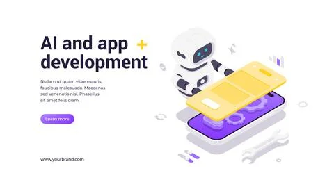 AI and App Development Modern Isometric Banner Template with Robot and Smar.. イラスト素材