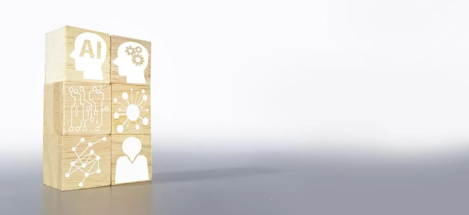 AI and artificial intelligence system icon on wooden box light gray backgroun Stock Photos