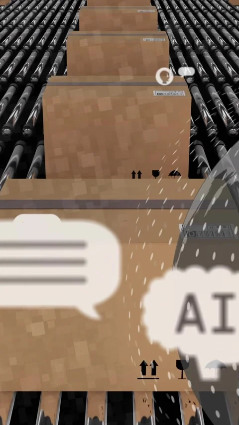 AI and chat bubbles over conveyor belt with cardboard boxes Stock Footage 323780724