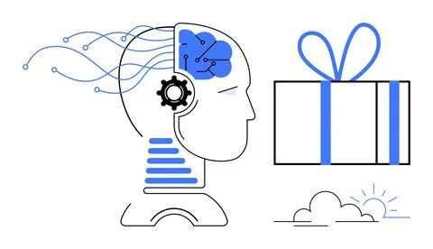 AI and Creativity Human Head with Brain and Gear, Gift Box, and Cloudy Sun イラスト素材