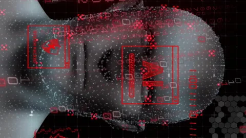 AI and cybersecurity icons over digital human face with binary code background Video stock 312581936