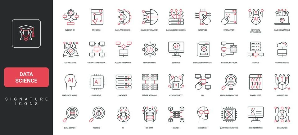 AI and data science, algorithm, program cybersecurity, machine learning line Stock Illustration