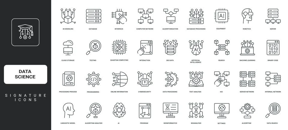 AI and data science, algorithm, program cybersecurity, machine learning line Stock Illustration