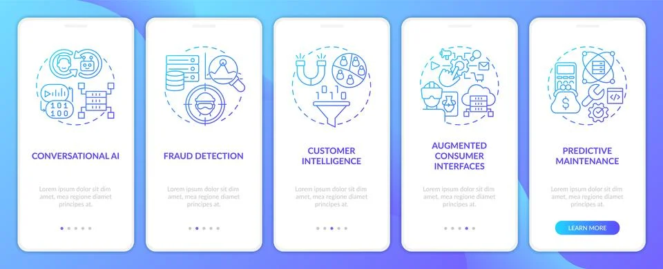 AI and data science solutions blue gradient onboarding mobile app screen Stock Illustration