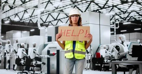 AI And Humanoid Robots Taking Over To Replace Workforce, Lonely Woman Hiding Foto stock