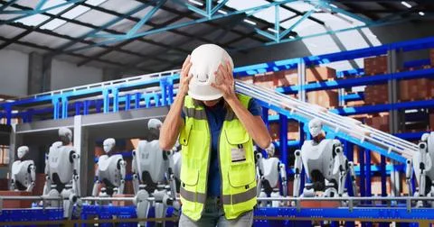 AI And Humanoid Robots Taking Over To Replace Workforce: Tired Unhappy Woman  Stock Photos