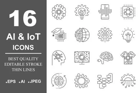 AI and IoT. Artificial intelligence icons set. Editable Stroke. EPS 10 스톡 일러스트
