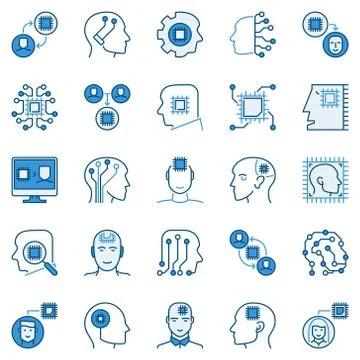 AI and Machine Learning blue icons set - chip in head signs Stock Illustration