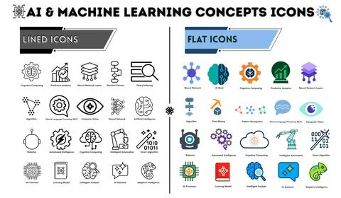 AI and Machine Learning Icon Bundle Line Art and Flat Symbols for Web and Apps Illustrazione stock
