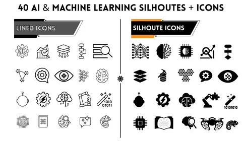 AI and Machine Learning Icon Bundle Line Art and Silhouette for Web and Apps Stock Illustration