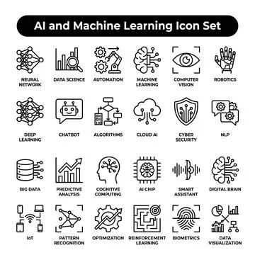 AI and Machine Learning Icon Set: Neural Network, Data Science, Automation,.. Stock Illustration