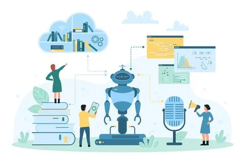 AI and machine learning technology, tiny people share digital books to training 库存插图