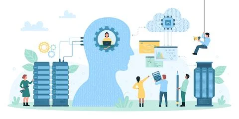 AI and machine learning, tiny people work with algorithms and codes, neural Stock Illustration