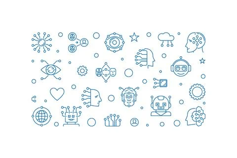 AI and Neural Network Digital Face concept line horizontal banner. Vector i.. 스톡 일러스트