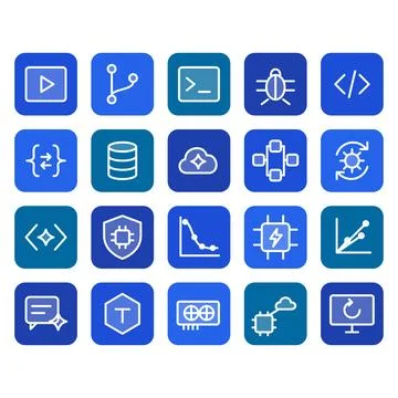 AI and software development icon set with code, database, cloud, chip, bug, イラスト素材