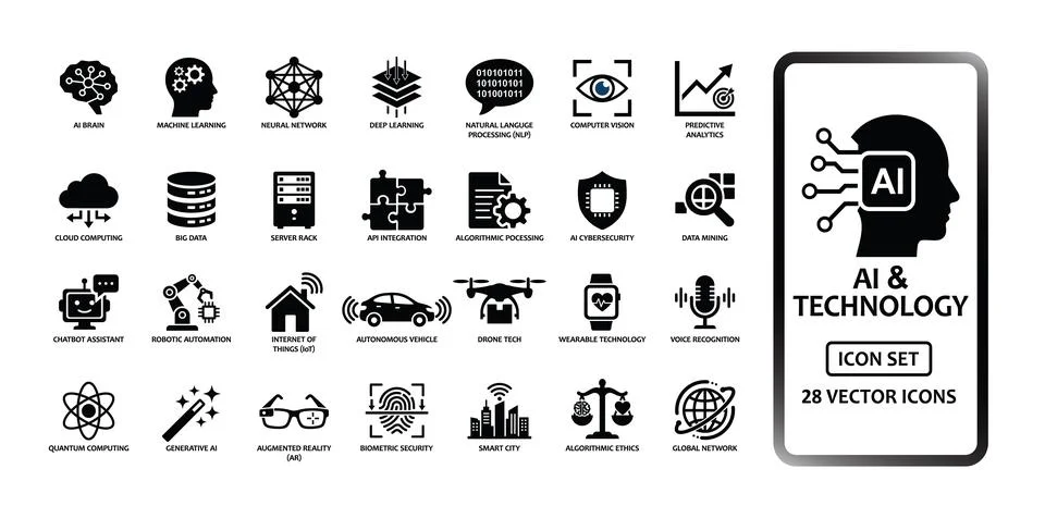 AI and technology solid icon set containing 28 vector icons for artificial .. Иллюстрация