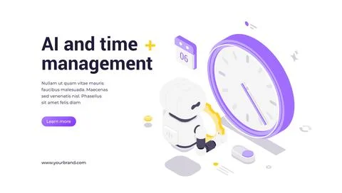 AI And Time Management Modern Isometric Banner Template With Robot And Clock Stock Illustration