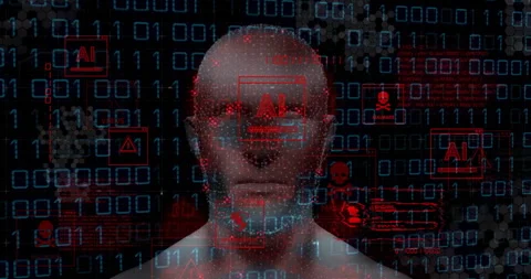 AI and virus warnings over human head with binary code background Stock Footage 307736638