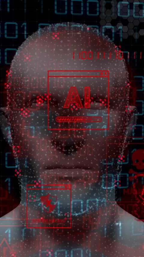 AI and virus warnings over human head with binary code background Stock Footage 323780727
