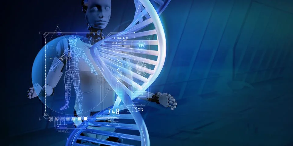 AI android studying human DNA research data. Stock Illustration