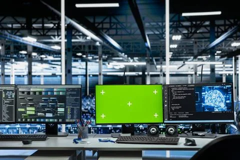 AI app interface on mockup green screen PCs in data center Foto stock