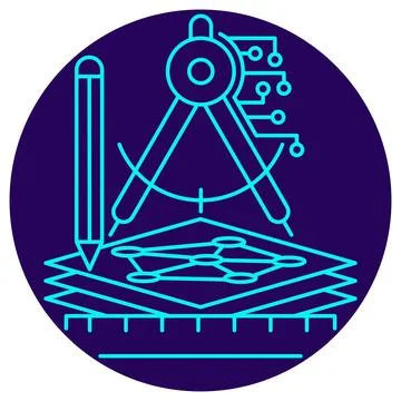 AI Architecture Design icon. Vector thin line illustration on a round dark bl Stock Illustration