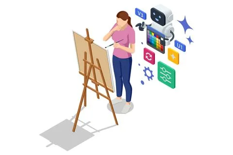AI art assistant. Isometric AI robot helping woman with painting on easel Stock Illustration