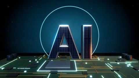 AI Artificial Intelligence 3D Text with a Neural Network on a Circuit Board Stock Illustration