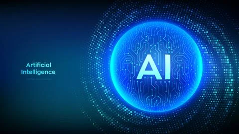 AI. Artificial intelligence. Abstract circuit board sphere with letters AI. M Illustrazione stock