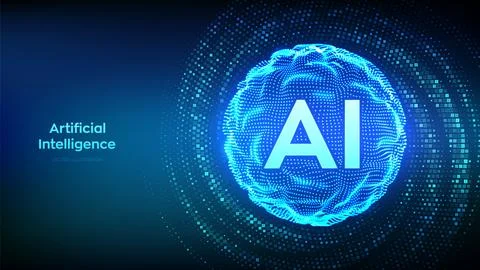 AI. Artificial intelligence. Abstract grid wave sphere with letters AI. Machi Stock Illustration