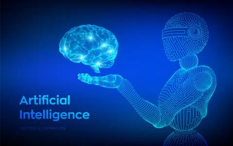 AI. Artificial intelligence. AI in the form of woman cyborg or bot. Wireframe Stock Illustration
