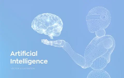 AI. Artificial intelligence. AI in the form of cyborg or bot. Wireframe robot Stock Illustration