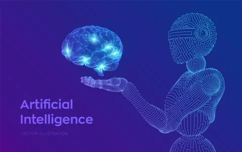 AI. Artificial intelligence. AI in the form of cyborg or bot. Wireframe robot Stock Illustration