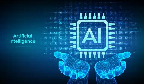 AI. Artificial intelligence. AI icon made with binary code in wireframe hands Stock Illustration