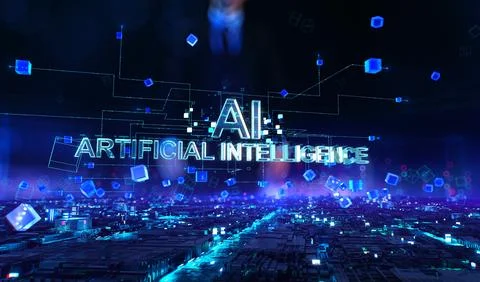 AI Artificial Intelligence - businessman touching with virtual reality at office Stock Illustration