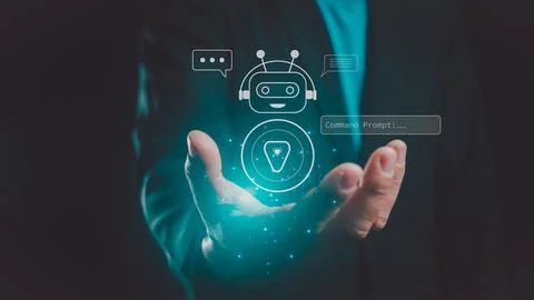 AI, Artificial Intelligence, Chatbot, Chat with AI, man using technology sm.. Stockfoto's