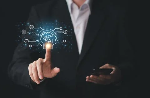 AI (Artificial intelligence), Chatbot growing concept. Businessman hand use.. Stock Photos