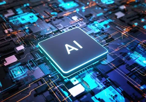 AI, Artificial Intelligence chipset processor on circuit board working on d.. Stock Photos