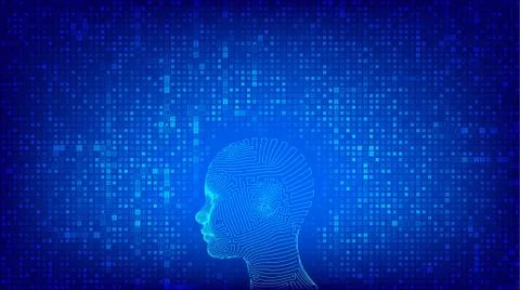 AI. Artificial intelligence concept. Abstract wireframe digital human face on Stock Illustration