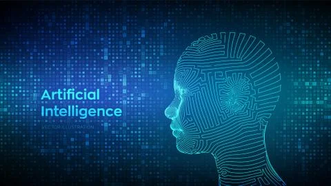 AI. Artificial intelligence concept. Abstract wireframe digital human face on Stock-Illustration