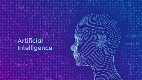 AI. Artificial intelligence concept. Abstract wireframe digital human face on Stock Illustration