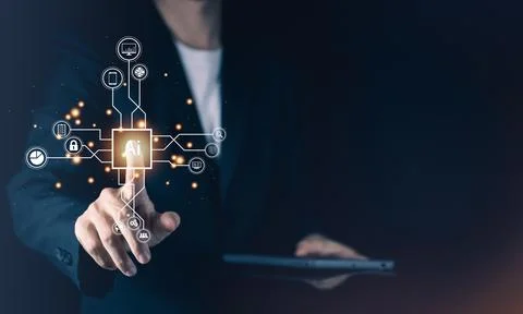 AI (Artificial intelligence) concept. Businessman hand touch hologram techn.. Stock Photos