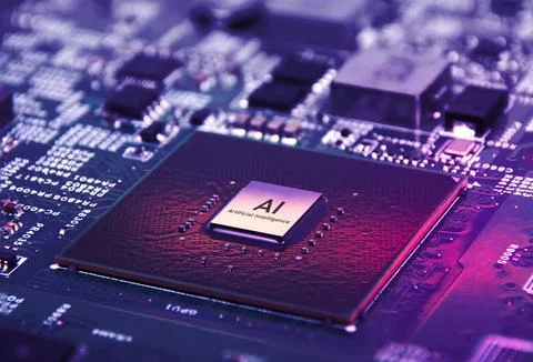 AI artificial intelligence concept, Close up of microprocessor on motherboard Stock Photos