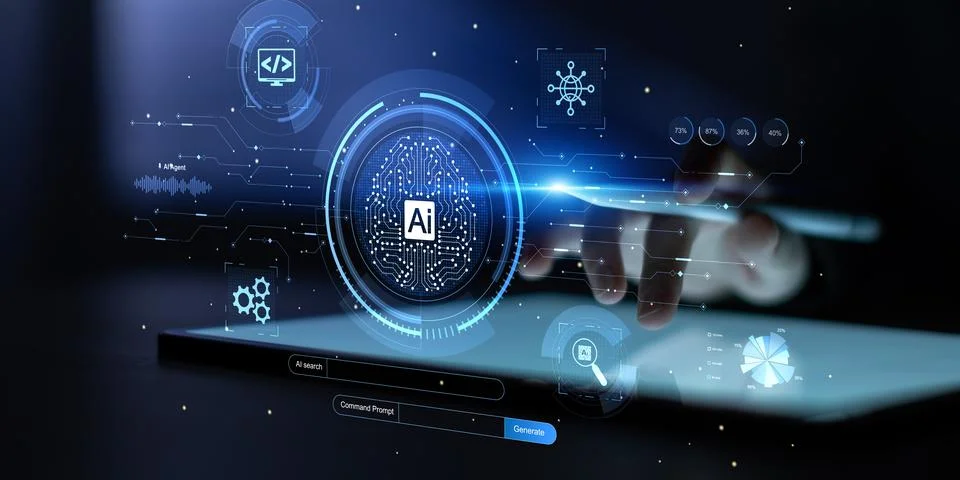 AI Artificial Intelligence Concept with Digital Brain and Hand Interaction Stock Photos