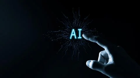 AI, Artificial intelligence concept. hand touching virtual screen. Stock Photos