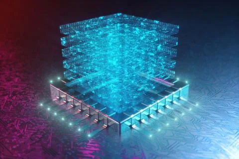 AI - artificial intelligence concept. Hologram above CPU. Machine learning 스톡 일러스트