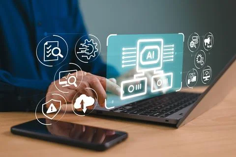 Ai artificial intelligence concept. Man analyst big data technology on comput Stock Photos