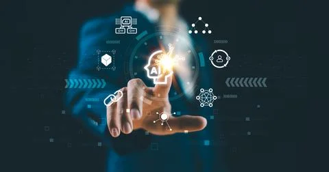 Ai artificial intelligence concept. Man analyst big data technology for busin Stock Photos